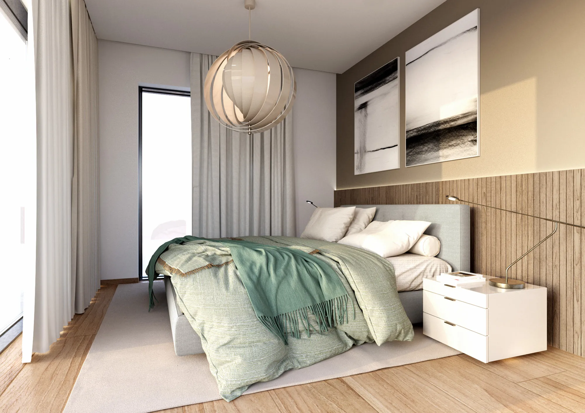 Ruhiges Schlafzimmer mit warmen Materialien